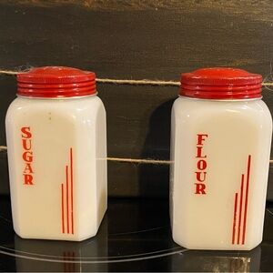 Vintage Red and White milk glass shaker Set
